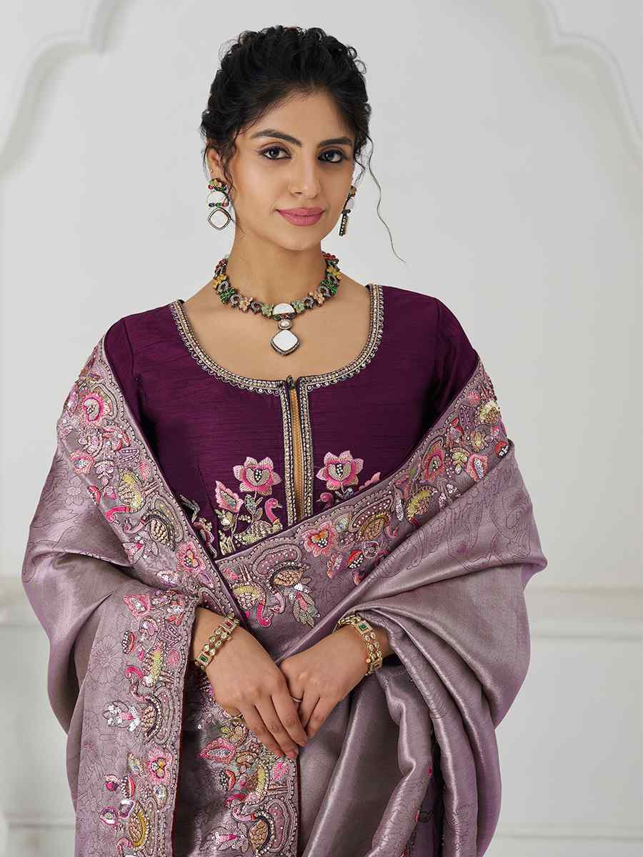 Dark Mauve Pure Dola Viscouse Silk Embroidered Festival Wedding Fancy Heavy Border Saree