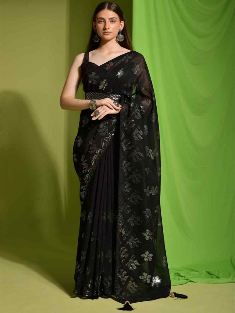 Dark Mehendi Green Georgette Sequins Party Festival Classic Style Saree