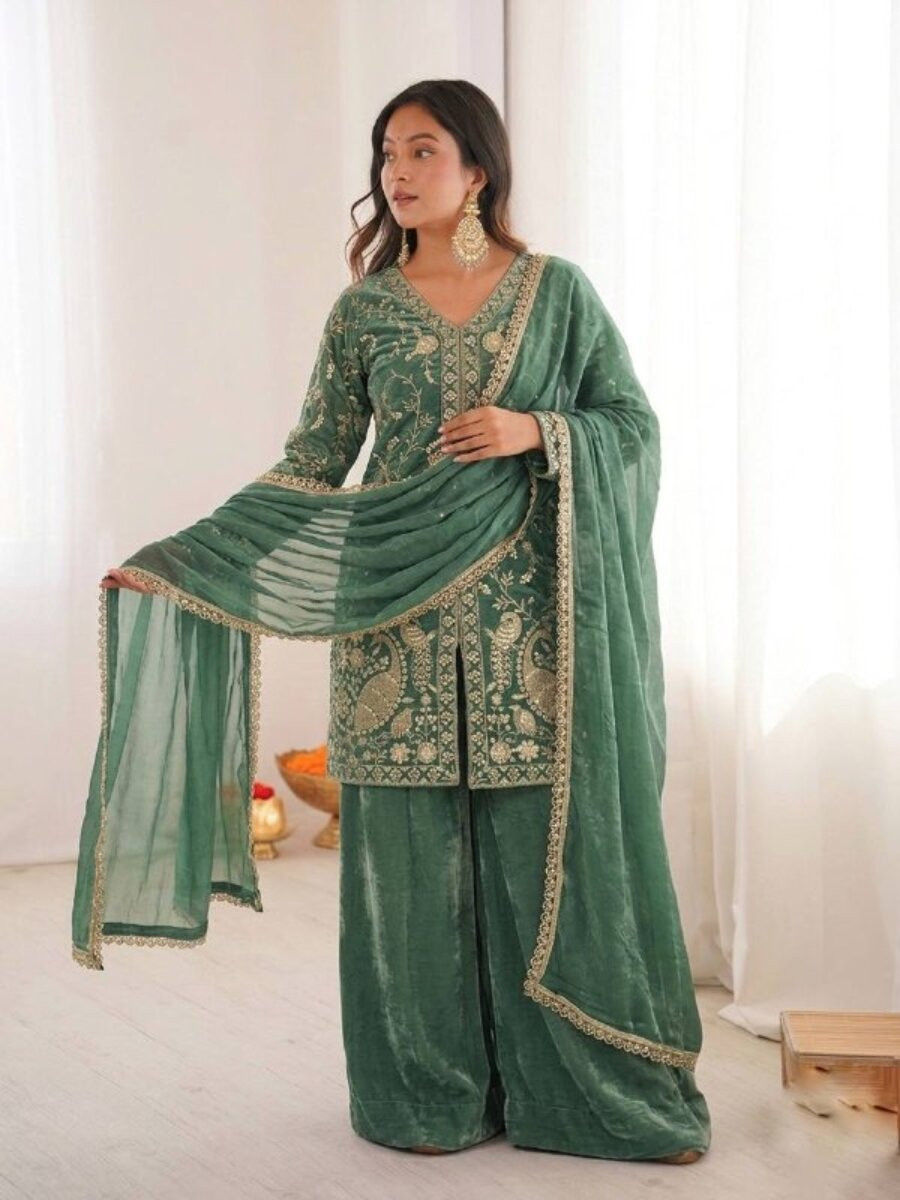 Dark Mint Green Pure Fendy Silk Embroidery Sequins Wedding Party Festival Casual Ready Palazzo Pant Salwar Kameez