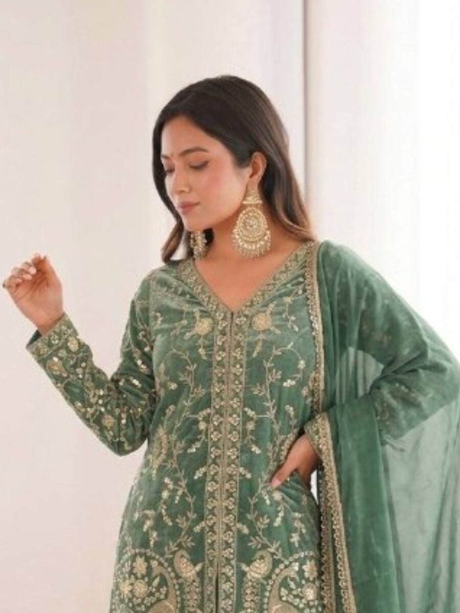 Dark Mint Green Pure Fendy Silk Embroidery Sequins Wedding Party Festival Casual Ready Palazzo Pant Salwar Kameez