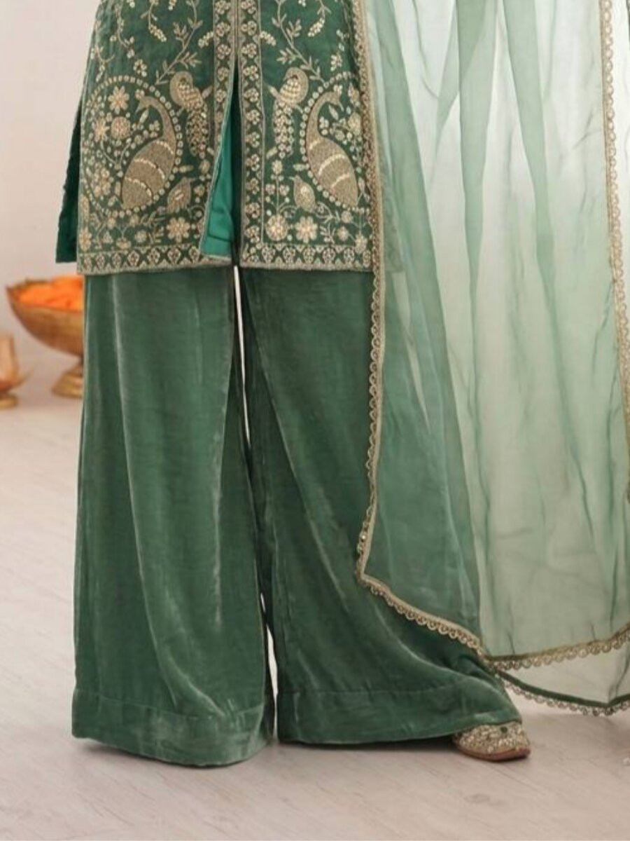 Dark Mint Green Pure Fendy Silk Embroidery Sequins Wedding Party Festival Casual Ready Palazzo Pant Salwar Kameez