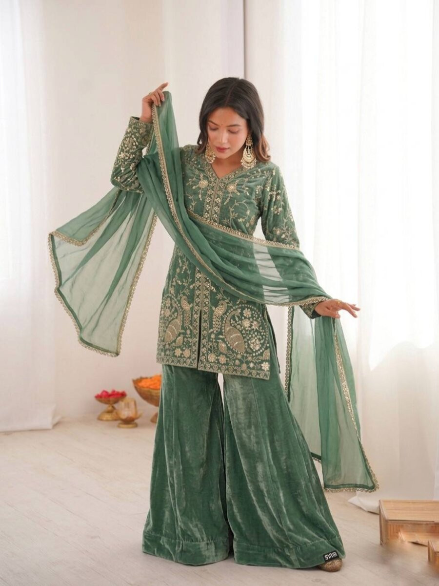 Dark Mint Green Pure Fendy Silk Embroidery Sequins Wedding Party Festival Casual Ready Palazzo Pant Salwar Kameez