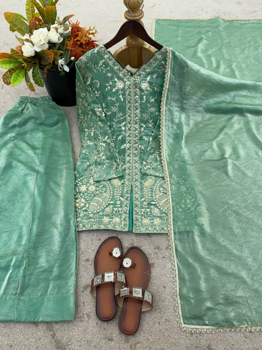 Dark Mint Green Pure Fendy Silk Embroidery Sequins Wedding Party Festival Casual Ready Palazzo Pant Salwar Kameez