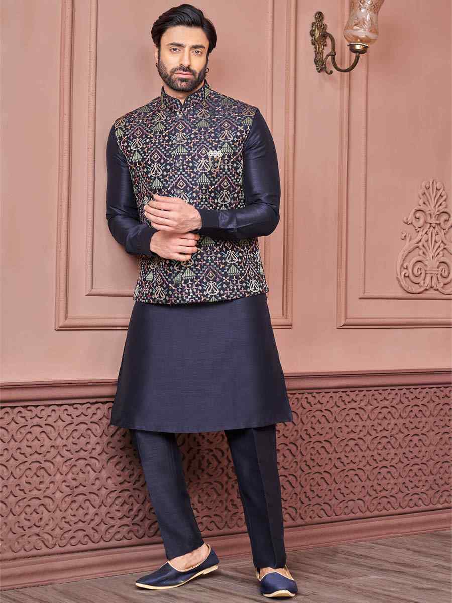 Dark Navy Art Banarasi Silk Woven Festival Wedding Kurta