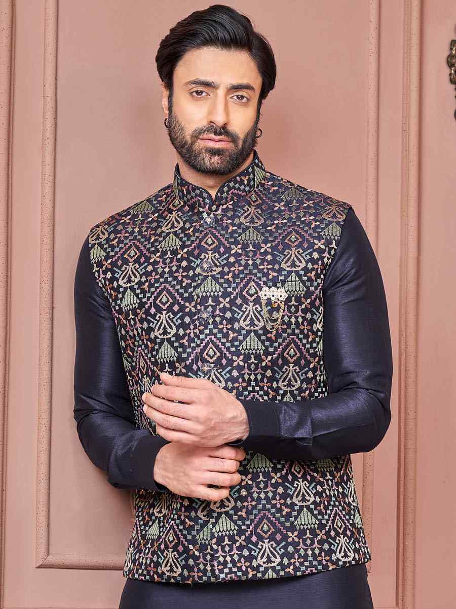 Dark Navy Art Banarasi Silk Woven Festival Wedding Kurta