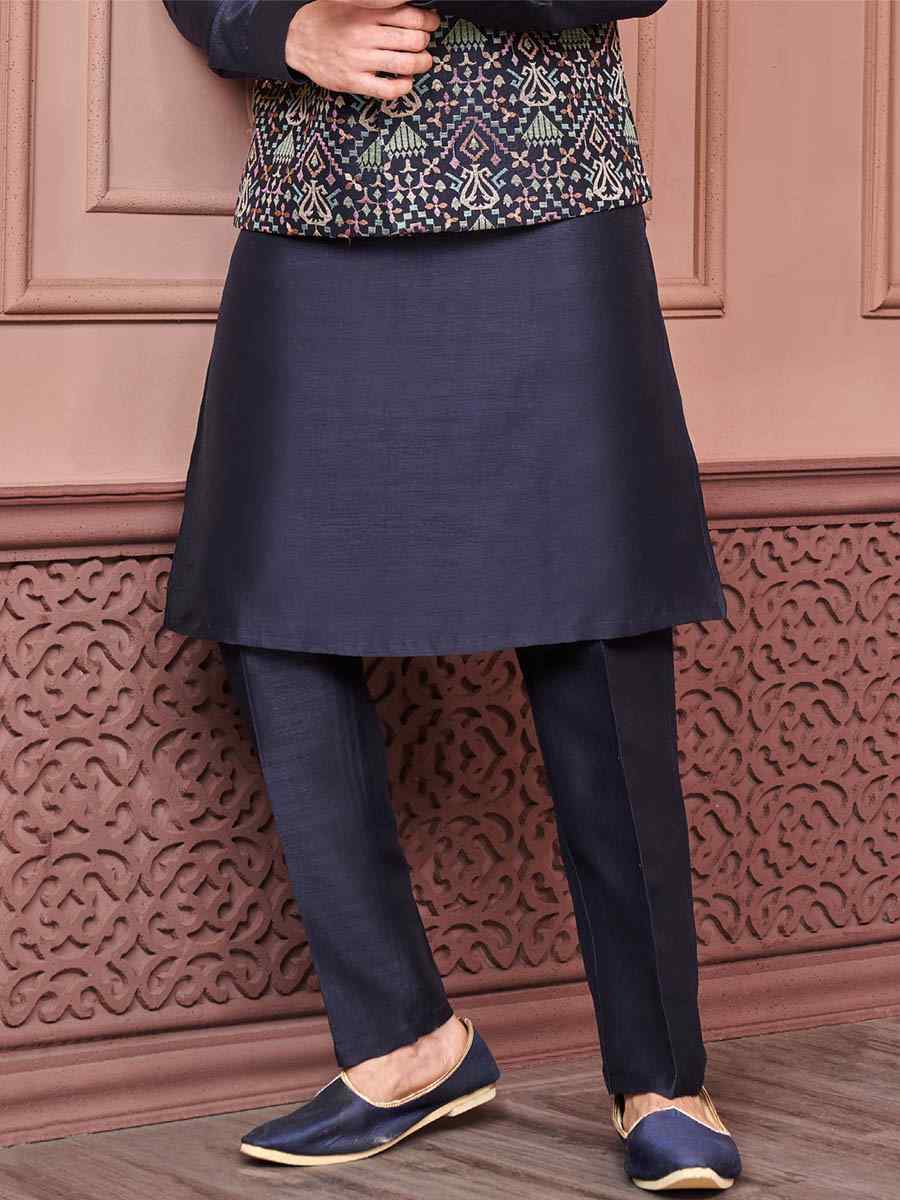 Dark Navy Art Banarasi Silk Woven Festival Wedding Kurta