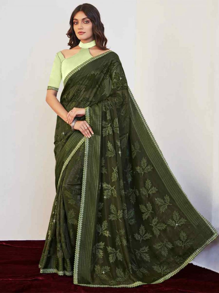 Dark Olive Brasso Embroidered Party Festival Classic Style Saree