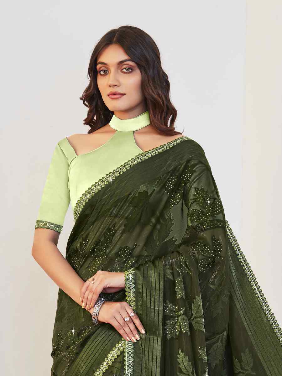Dark Olive Brasso Embroidered Party Festival Classic Style Saree