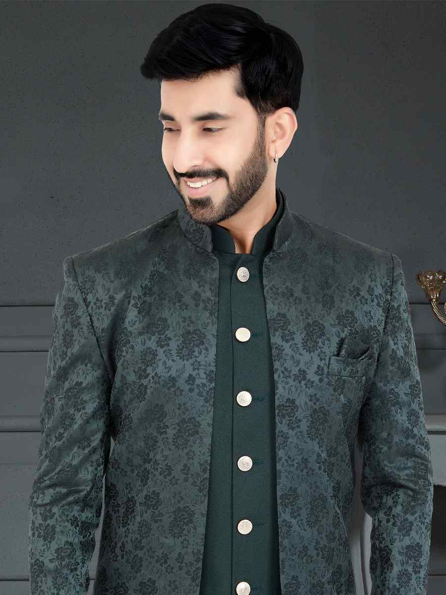 Dark Olive Green Weaving Jecquard Woven Festival Party Sherwani