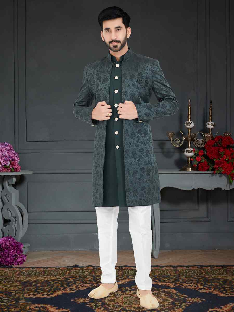 Dark Olive Green Weaving Jecquard Woven Festival Party Sherwani