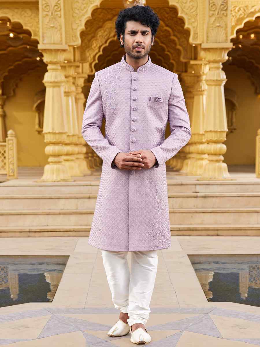 Dark Onion Art Silk Woven Wedding Groom Sherwani