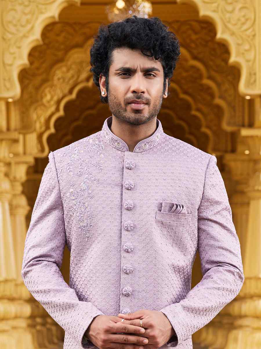 Dark Onion Art Silk Woven Wedding Groom Sherwani