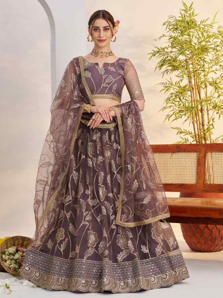 Image of Dark Onion Net Embroidered Wedding Reception Festival Heavy Border Lehenga Choli