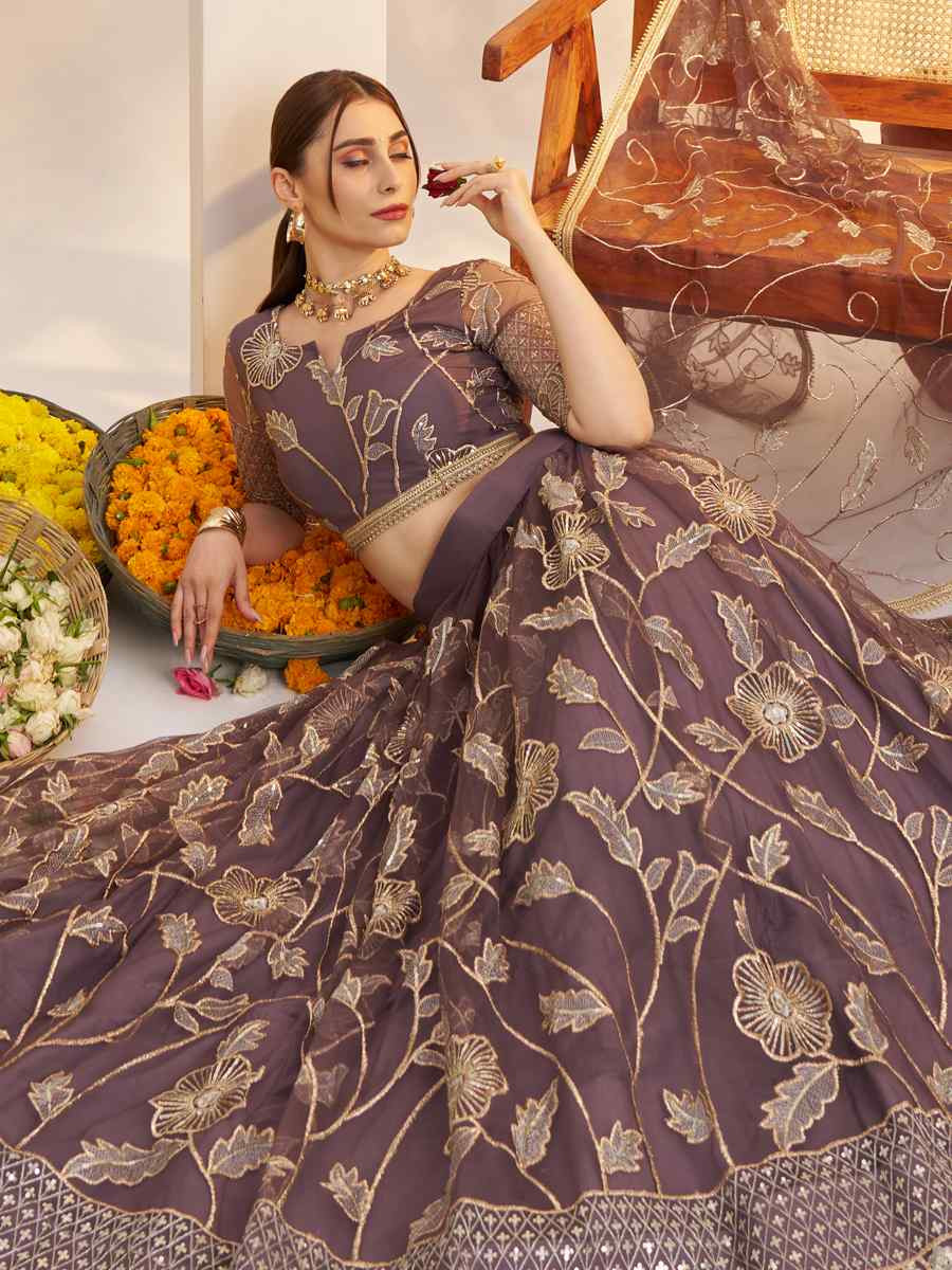 Dark Onion Net Embroidered Wedding Reception Festival Heavy Border Lehenga Choli