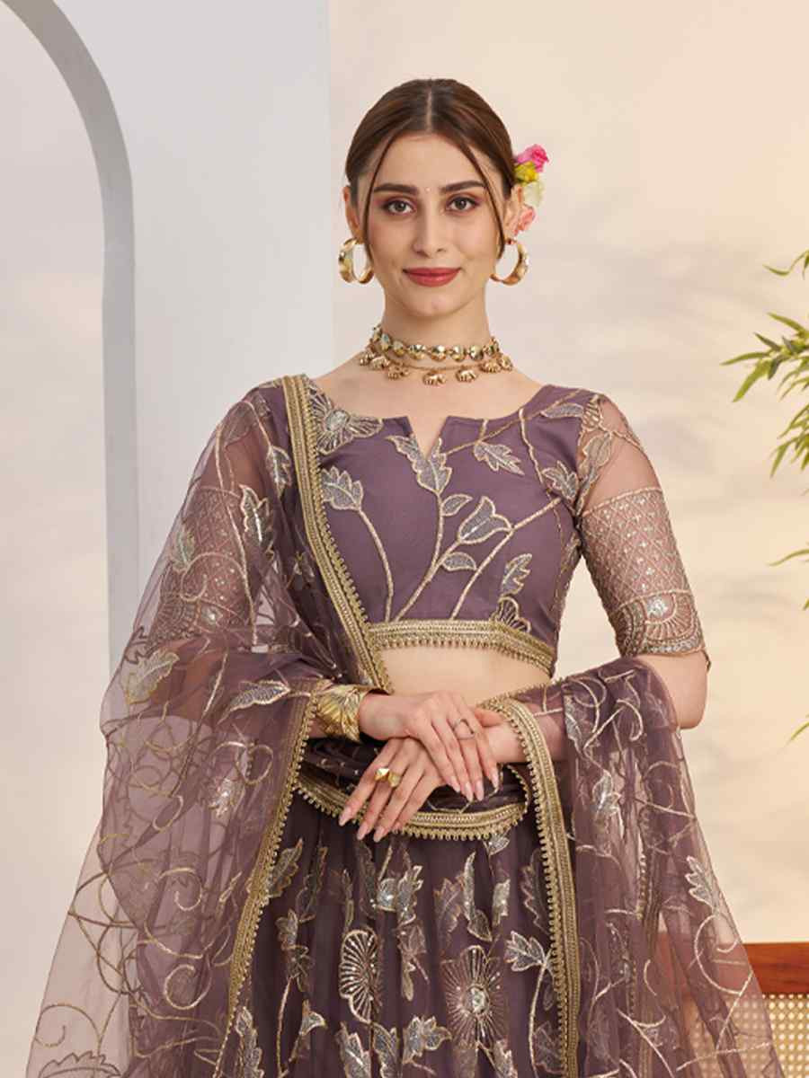 Dark Onion Net Embroidered Wedding Reception Festival Heavy Border Lehenga Choli
