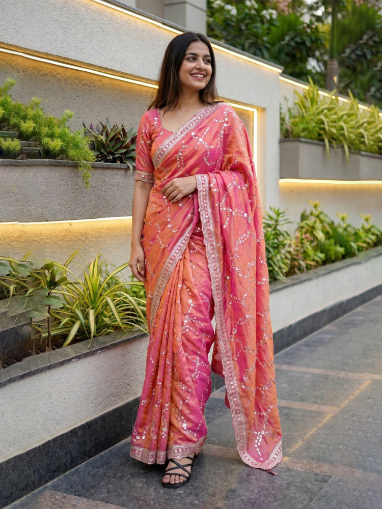 Image of Dark Peach Fendy Satin Embroidery Sequins Zari Wedding Reception Party Festival Casual Heavy Border Sarees