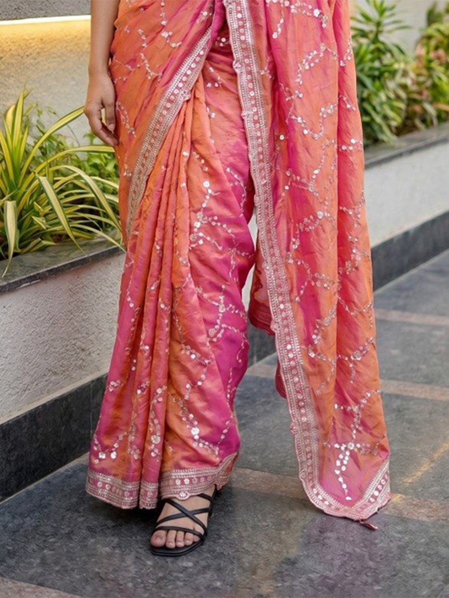 Dark Peach Fendy Satin Embroidery Sequins Zari Wedding Reception Party Festival Casual Heavy Border Sarees