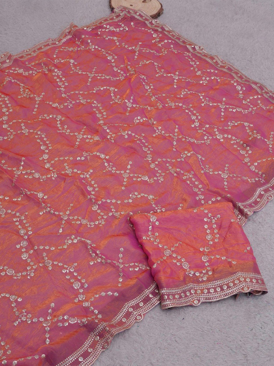 Dark Peach Fendy Satin Embroidery Sequins Zari Wedding Reception Party Festival Casual Heavy Border Sarees