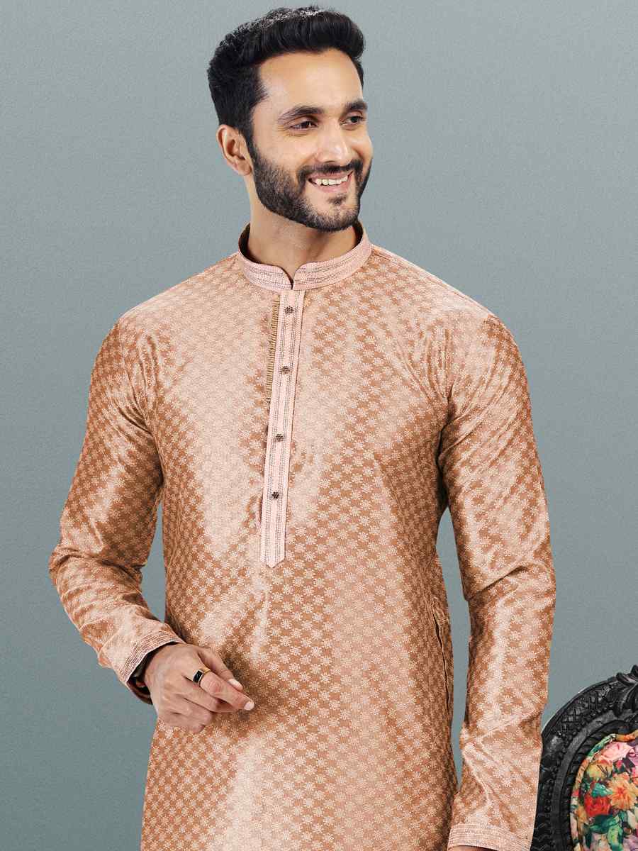 Dark Peach Jacquard Banarasi Silk Woven Festival Wedding Kurta