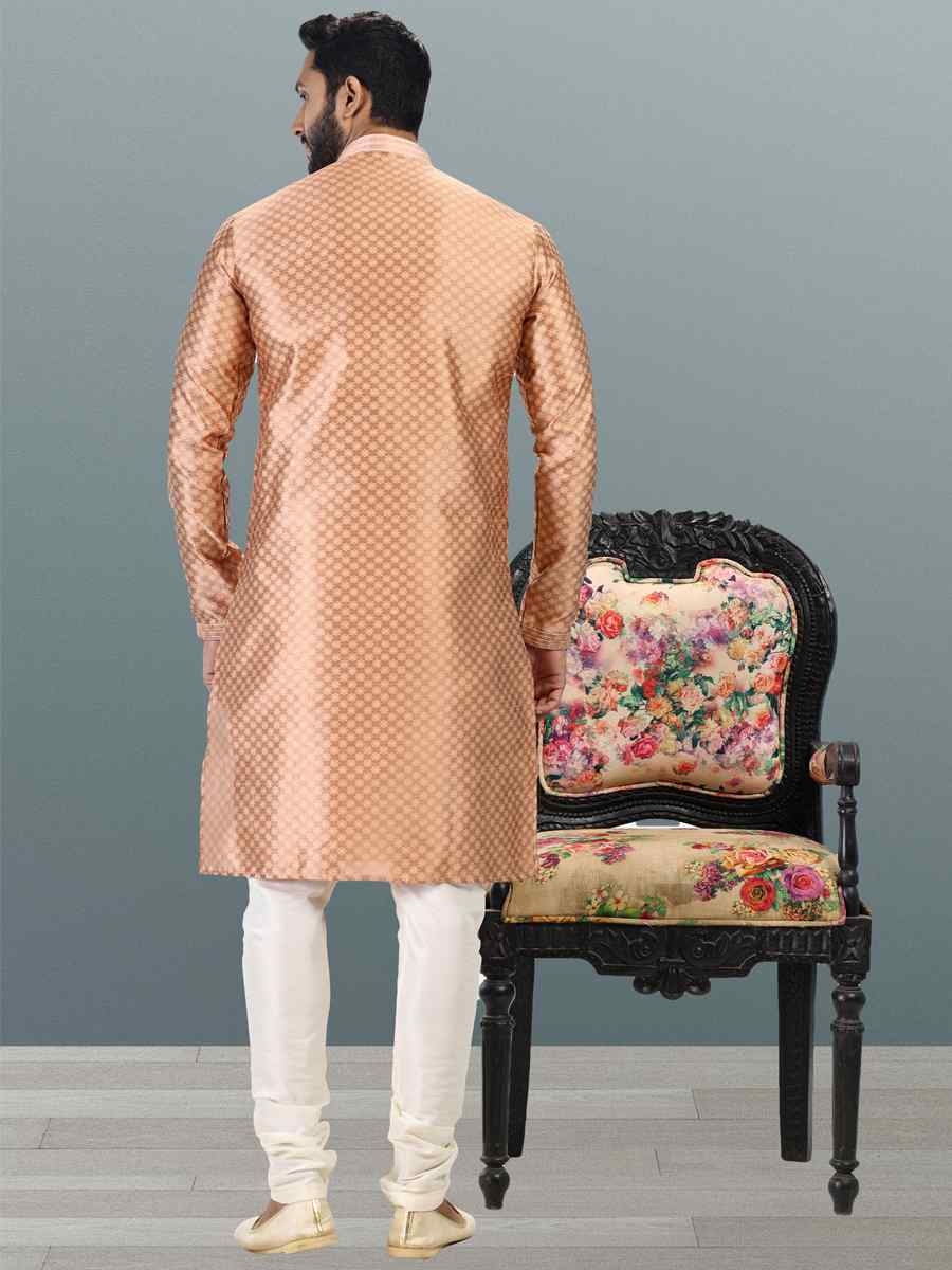 Dark Peach Jacquard Banarasi Silk Woven Festival Wedding Kurta