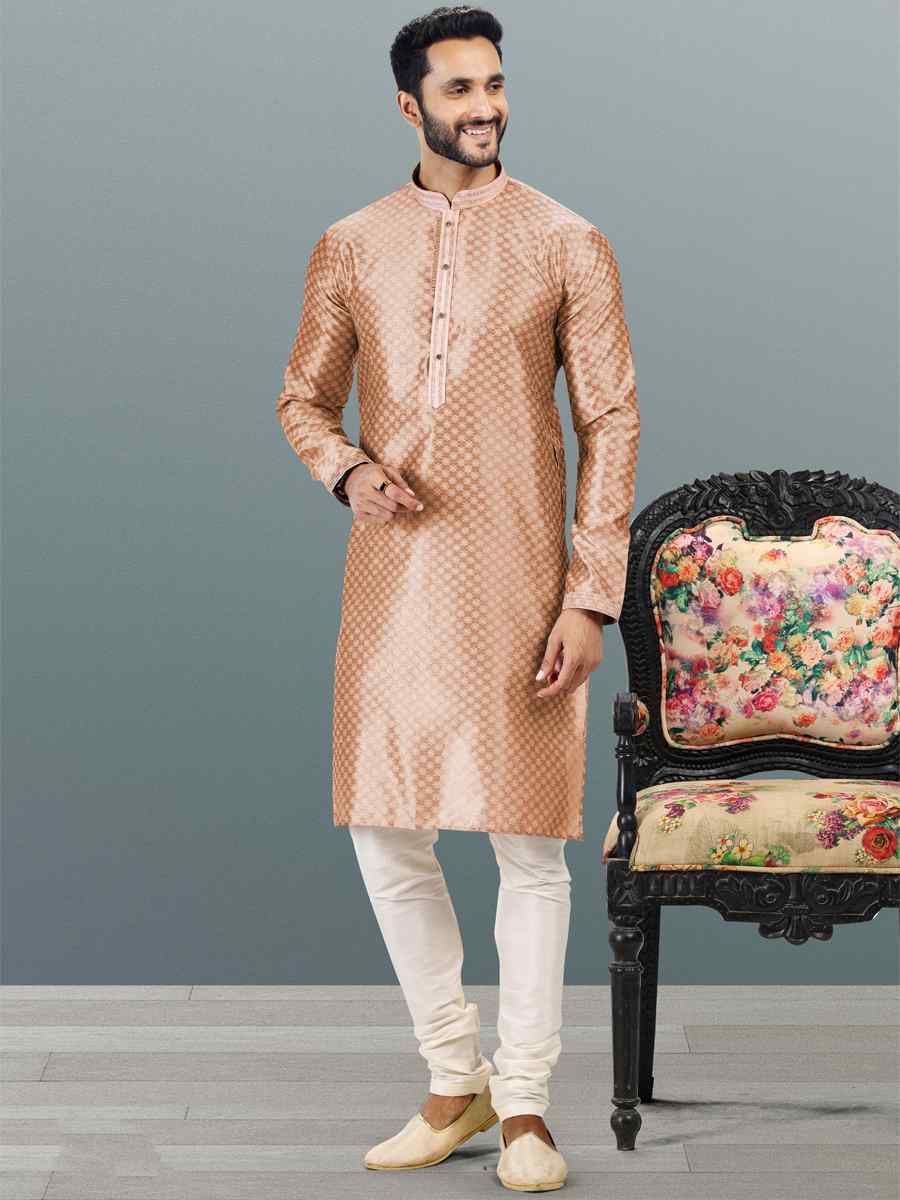 Dark Peach Jacquard Banarasi Silk Woven Festival Wedding Kurta