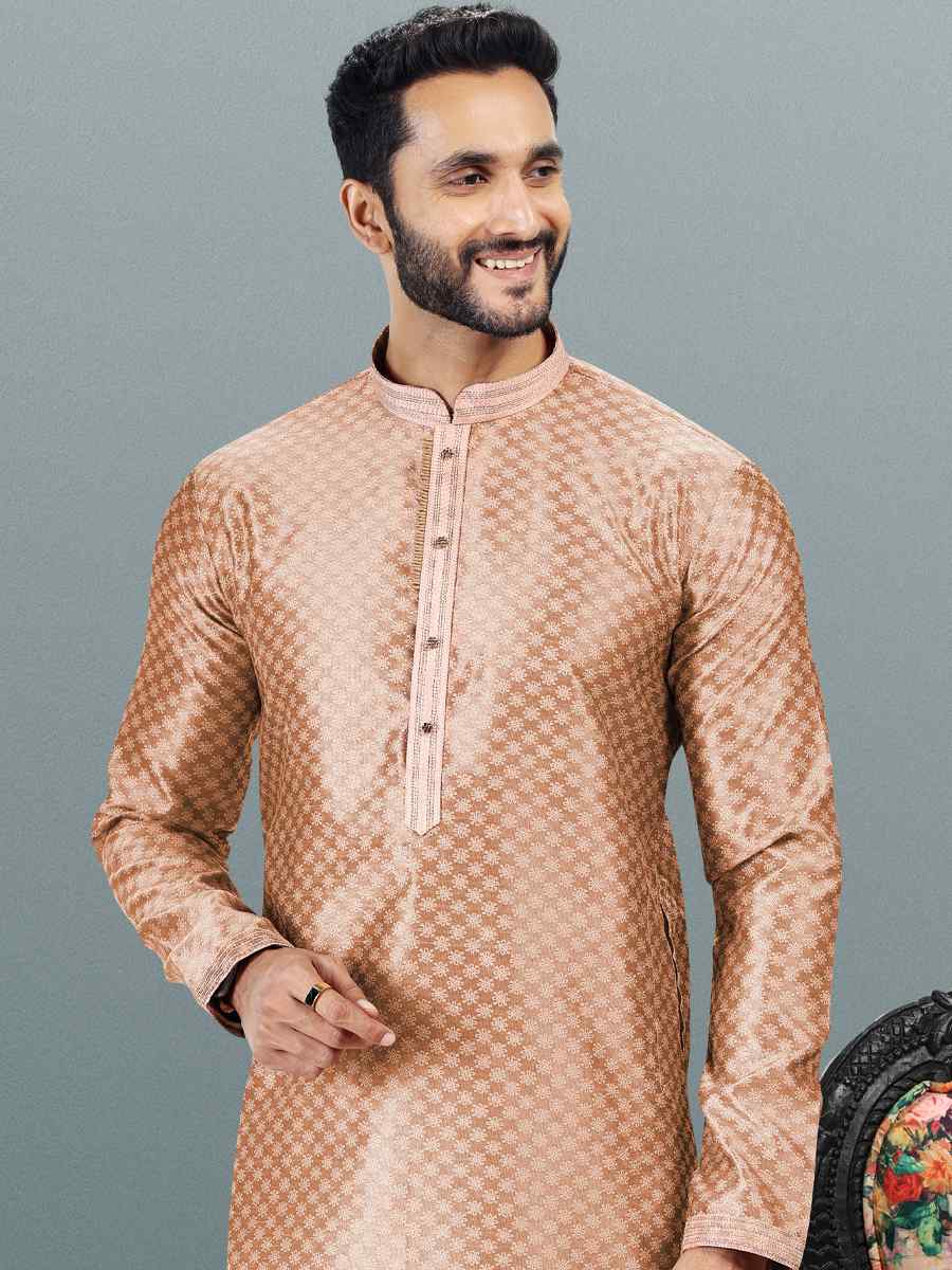 Dark Peach Jacquard Banarasi Silk Woven Festival Wedding Kurta