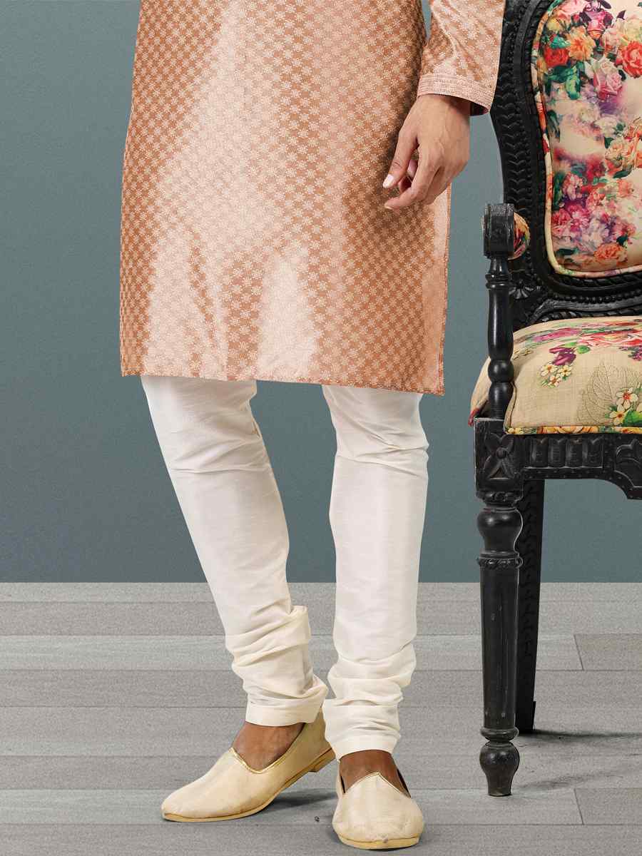 Dark Peach Jacquard Banarasi Silk Woven Festival Wedding Kurta