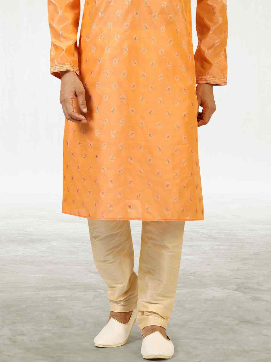 Dark Peach Jacquard Silk Brocade Woven Party Churidar Kurta