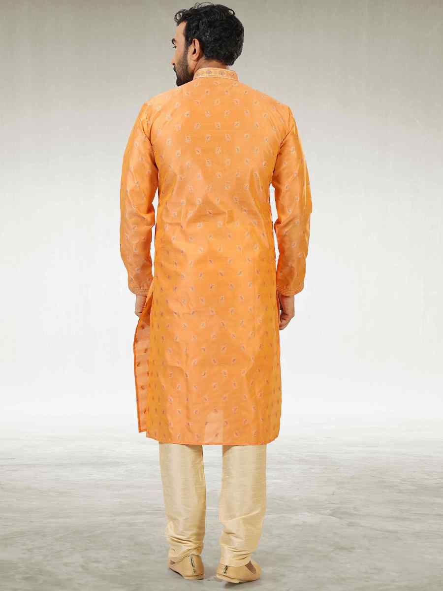 Dark Peach Jacquard Silk Brocade Woven Party Churidar Kurta