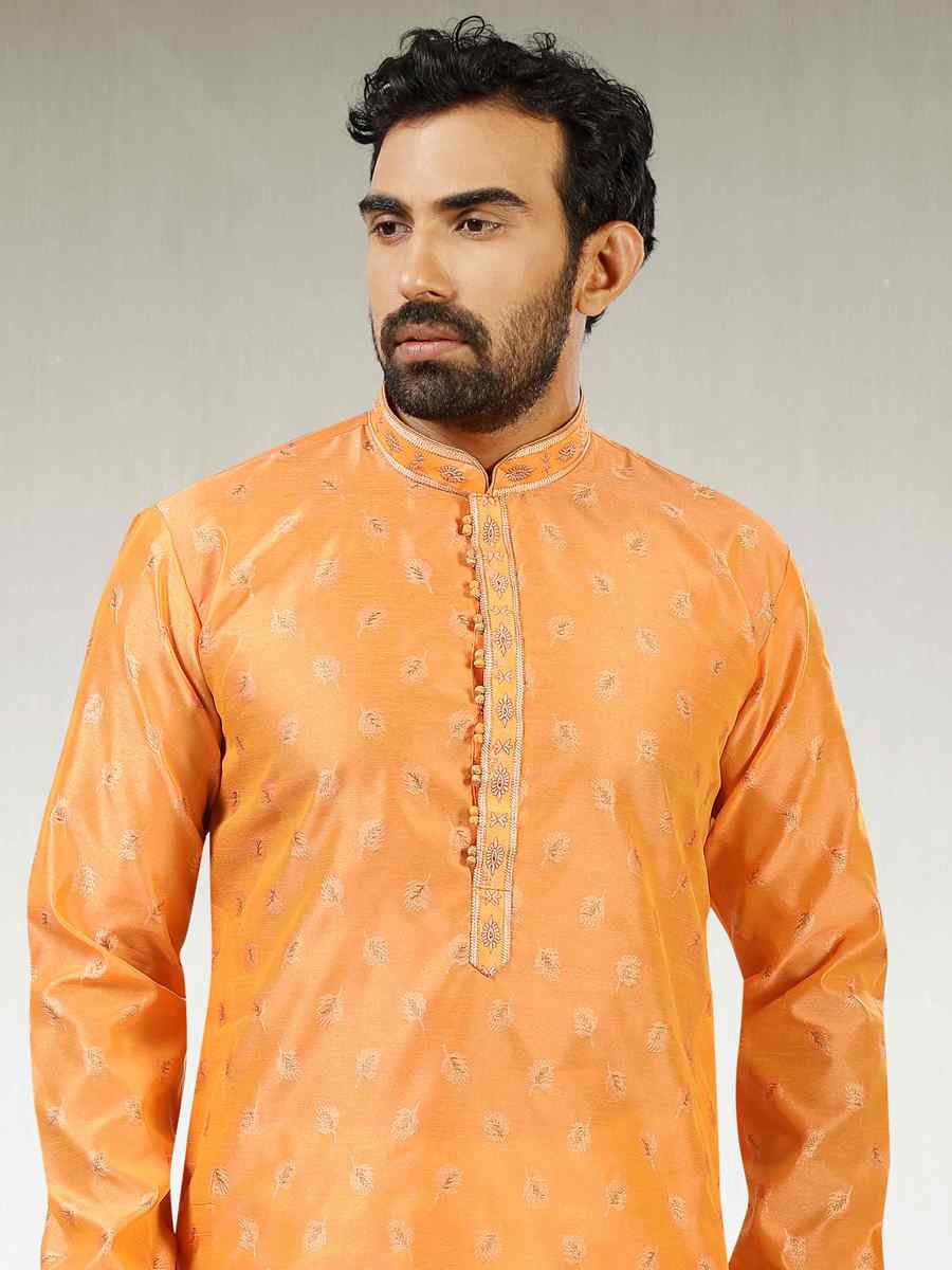 Dark Peach Jacquard Silk Brocade Woven Party Churidar Kurta