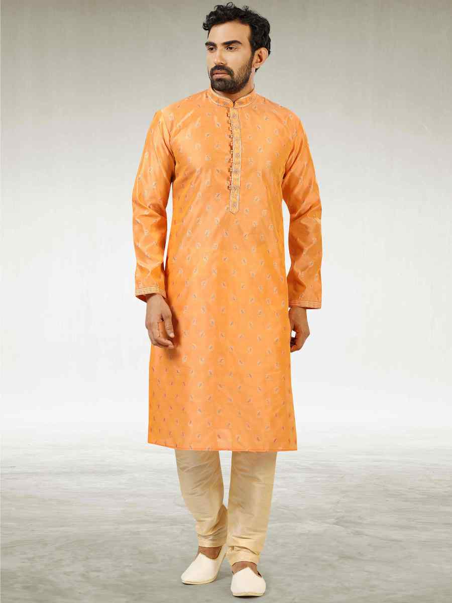 Dark Peach Jacquard Silk Brocade Woven Party Churidar Kurta