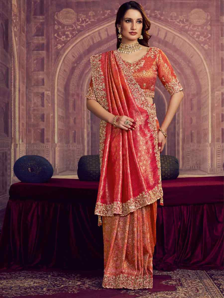 Dark Peach Kanjivaram Pure Zari Silk Embroidery Bridal Reception Festival Wedding Fancy Heavy Border Saree