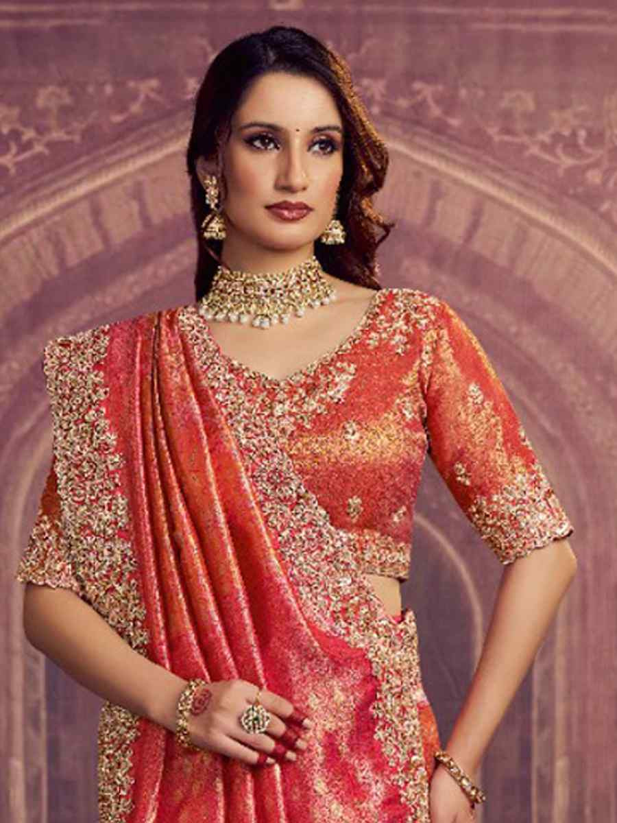 Dark Peach Kanjivaram Pure Zari Silk Embroidery Bridal Reception Festival Wedding Fancy Heavy Border Saree