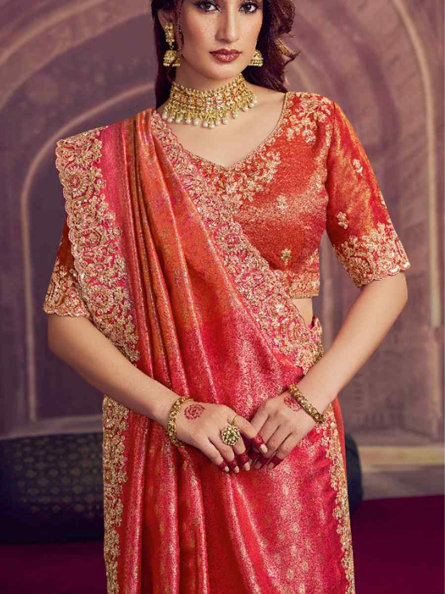 Dark Peach Kanjivaram Pure Zari Silk Embroidery Bridal Reception Festival Wedding Fancy Heavy Border Saree