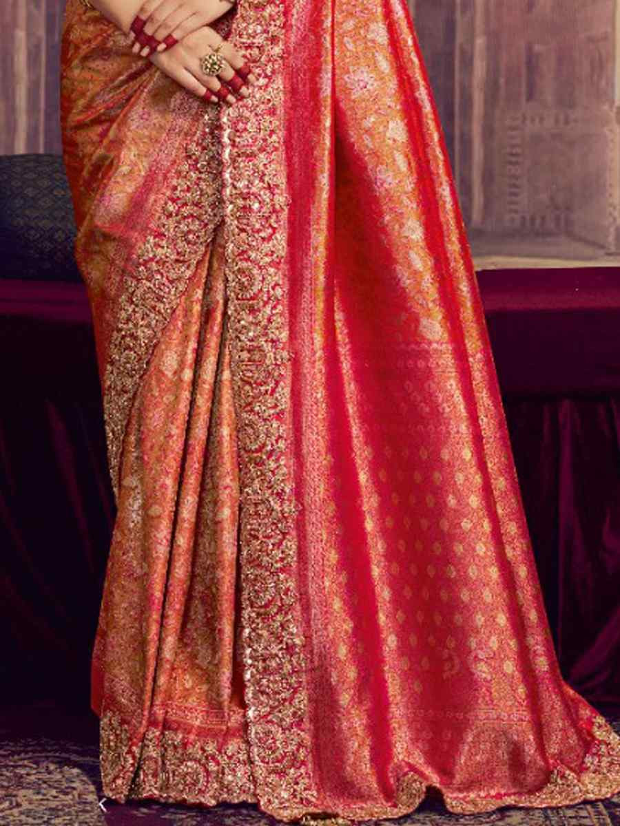 Dark Peach Kanjivaram Pure Zari Silk Embroidery Bridal Reception Festival Wedding Fancy Heavy Border Saree