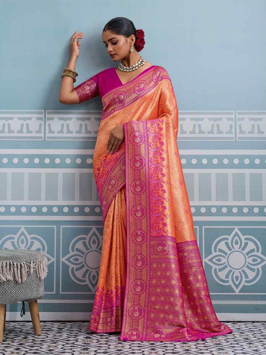 Dark Peach Kanjivaram Soft Silk Kanjivaram Traditional Casual Reception Festival Wedding Fancy Heavy Border Saree