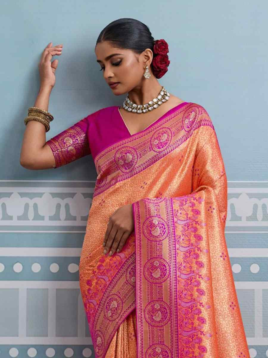 Dark Peach Kanjivaram Soft Silk Kanjivaram Traditional Casual Reception Festival Wedding Fancy Heavy Border Saree