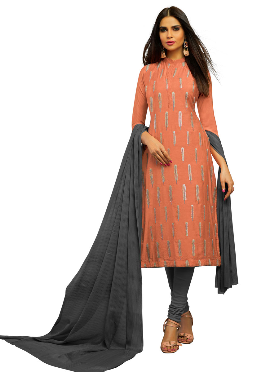 Dark Peach Orange Chanderi Cotton Embroidered Party Churidar Pant Kameez