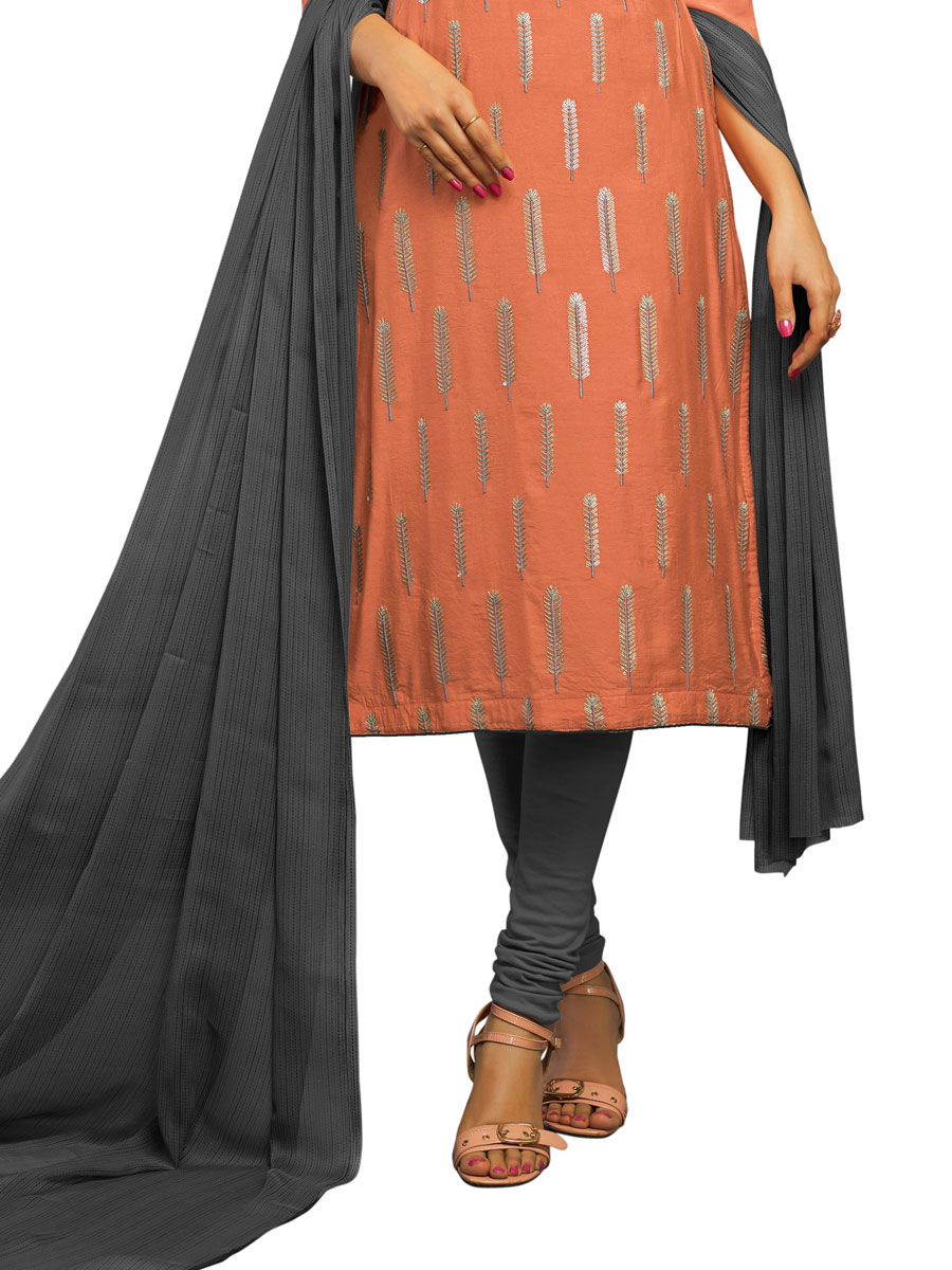 Dark Peach Orange Chanderi Cotton Embroidered Party Churidar Pant Kameez