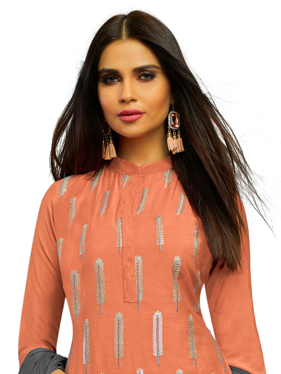 Dark Peach Orange Chanderi Cotton Embroidered Party Churidar Pant Kameez