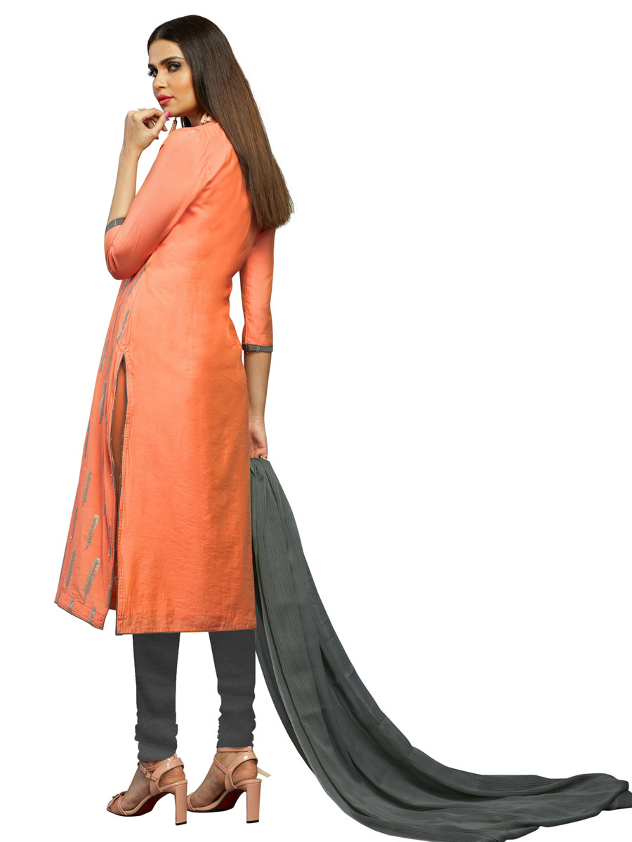 Dark Peach Orange Chanderi Cotton Embroidered Party Churidar Pant Kameez