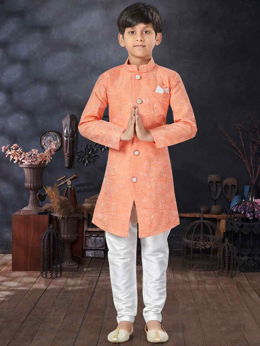 Dark Peach Soft Banarasi Jacquard Printed Traditional Party Kurta