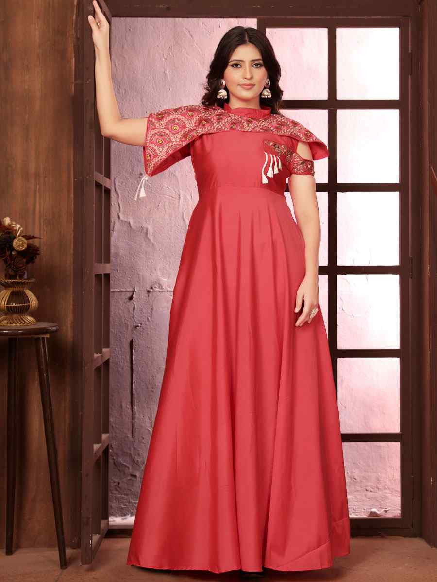 Dark Peach Triva Silk Embroidered Festival Casual Gown Women Wear