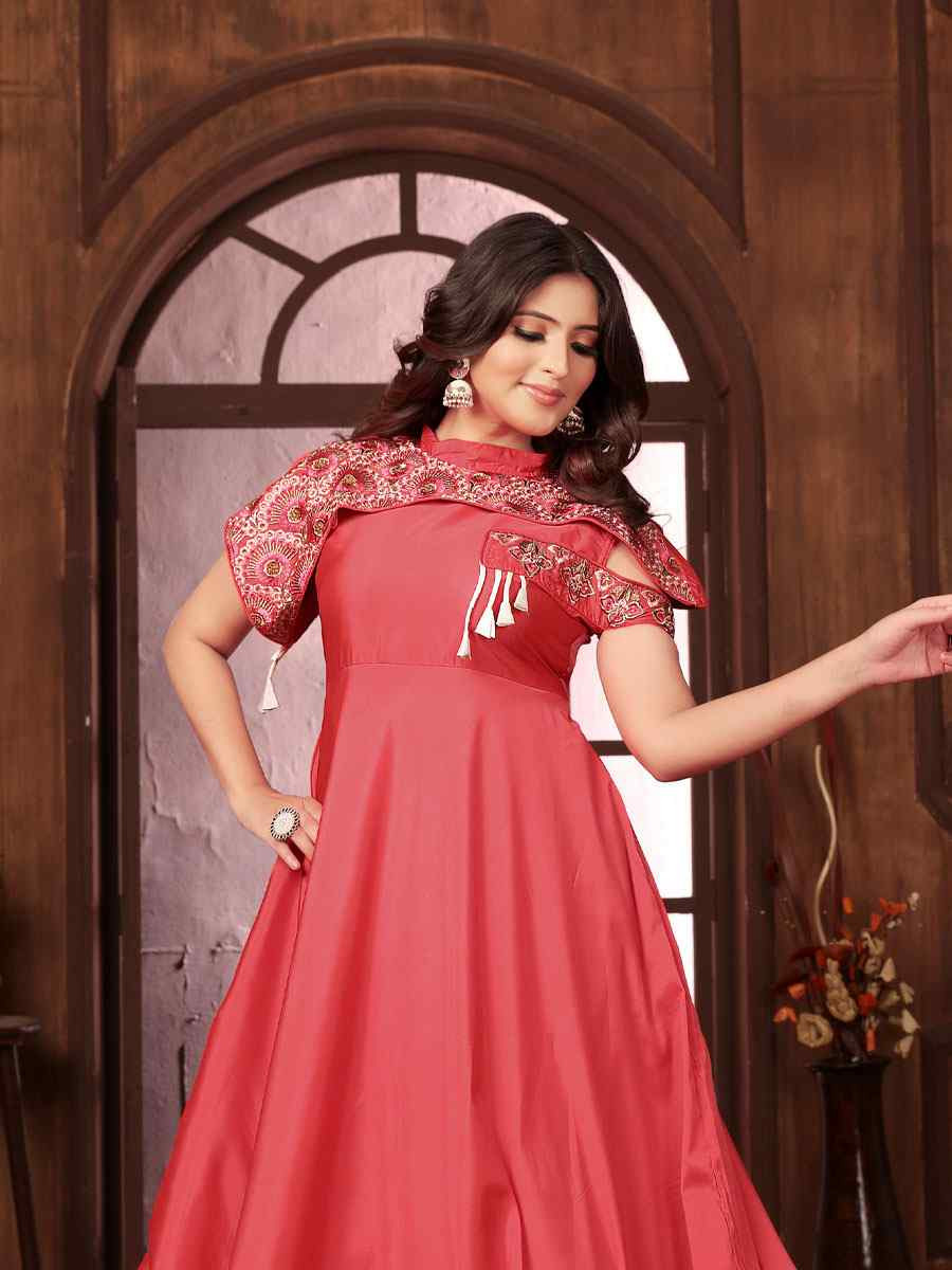 Dark Peach Triva Silk Embroidered Festival Casual Gown Women Wear