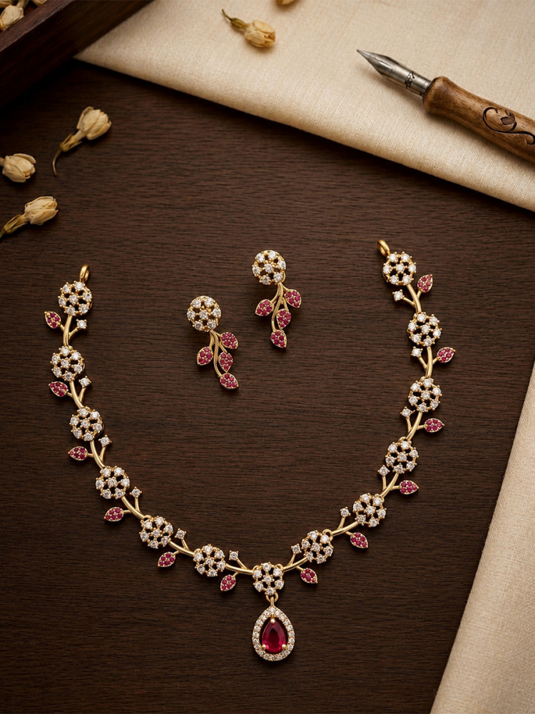 Image of Dark Pink A.D. Stone Diamond Festival Party Wedding Necklace Set With Earring