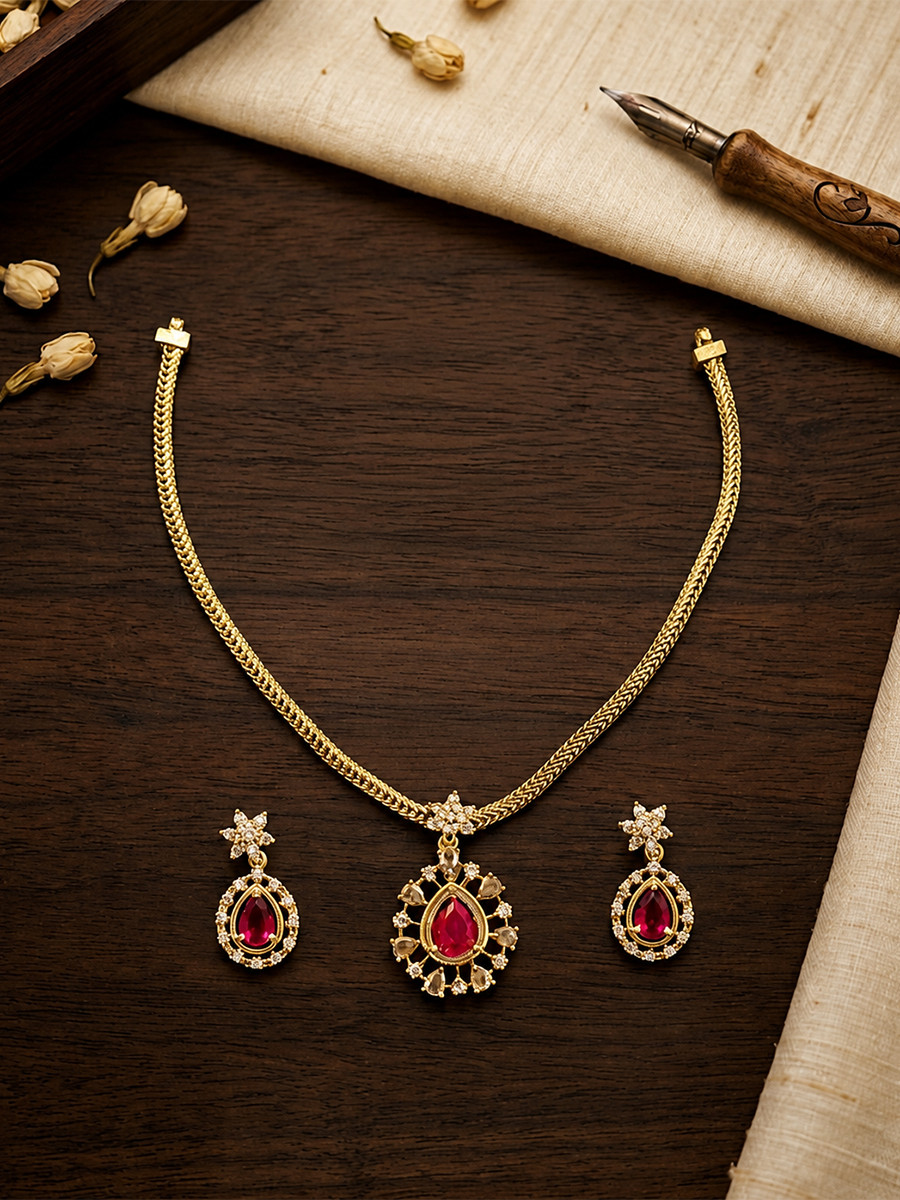 Dark Pink AD Stone Gemstone Festival Party Wedding Necklace Set With Earrings