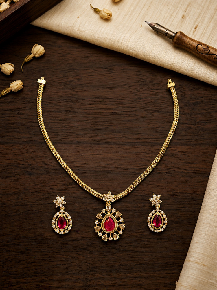 Image of Dark Pink A.D. Stone Gemstone Festival Party Wedding Necklace Set With Earrings