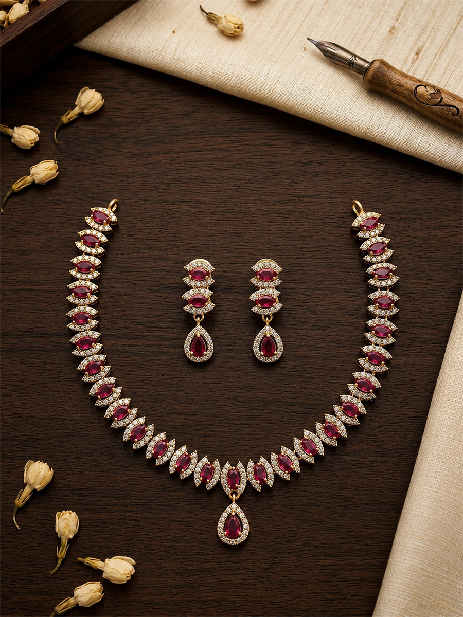 Dark Pink AD Stone Gemstone Stone Festival Party Wedding Necklace Set With Earrings