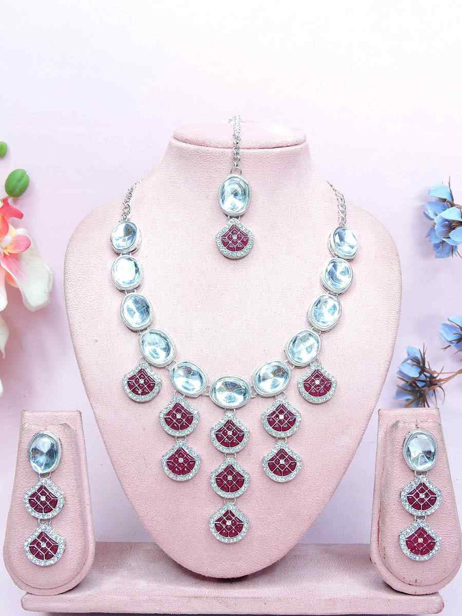 Dark Pink Alloy Metal Festival Wear Kundan Necklace