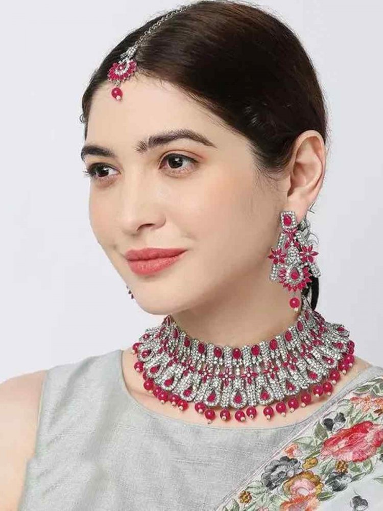 Dark Pink Alloy Wedding Wear Kundan Necklace